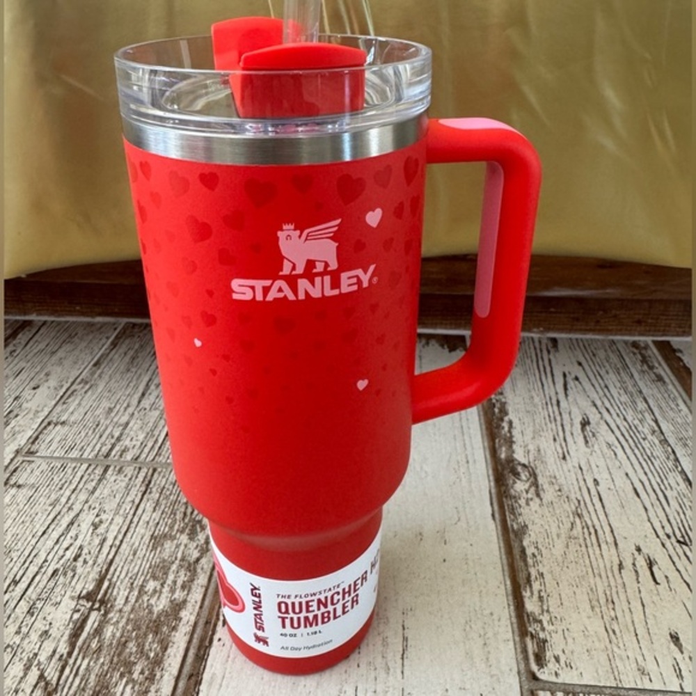 STANLEY 40 quench tumbler. Red with 💕 hearts! See pic for all the details❣️❣️